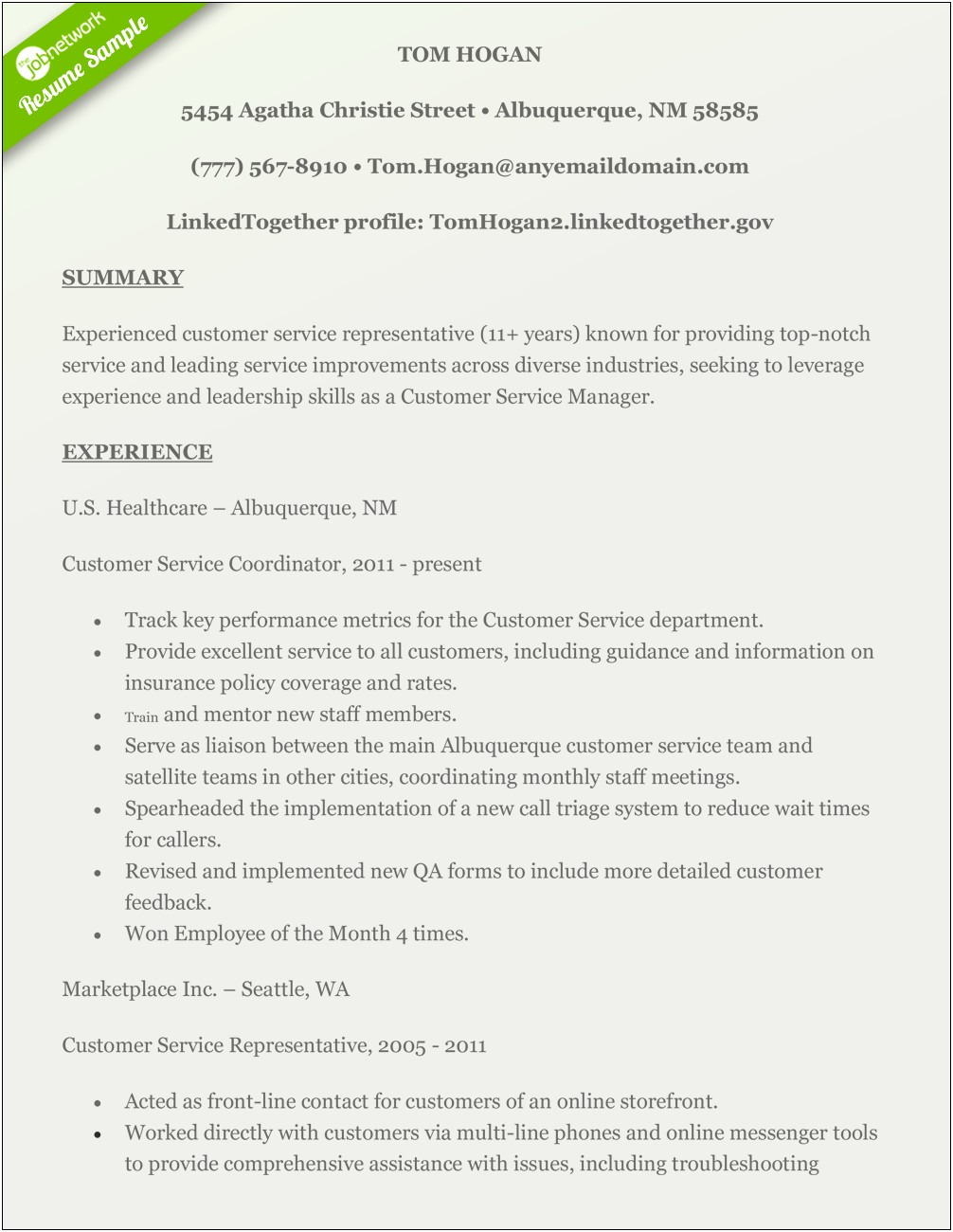 Professional Summary Resume For Customer Service