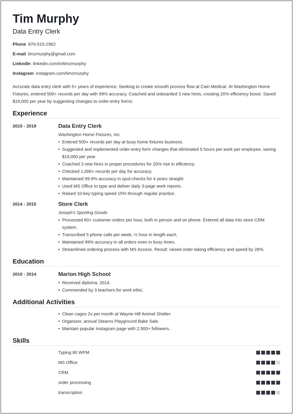 Professional Summary Resume School Data Entry Registrar