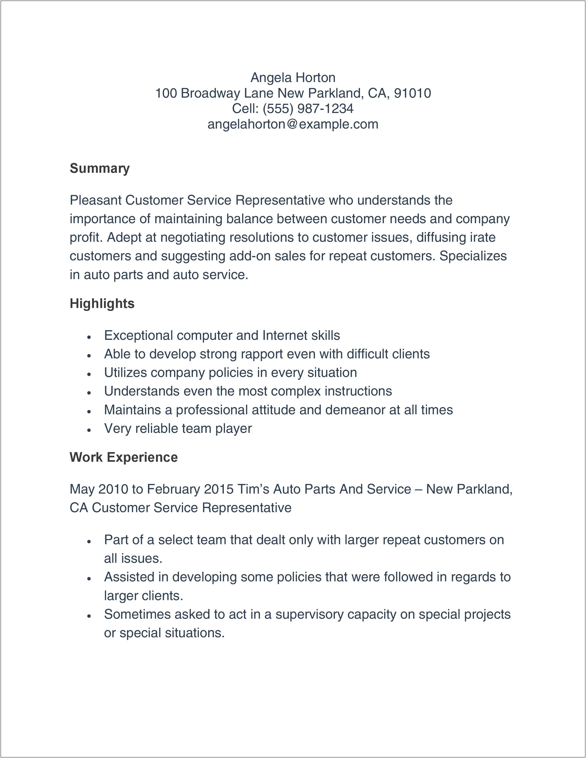 Proffesioal Summary For Customer Service Resume