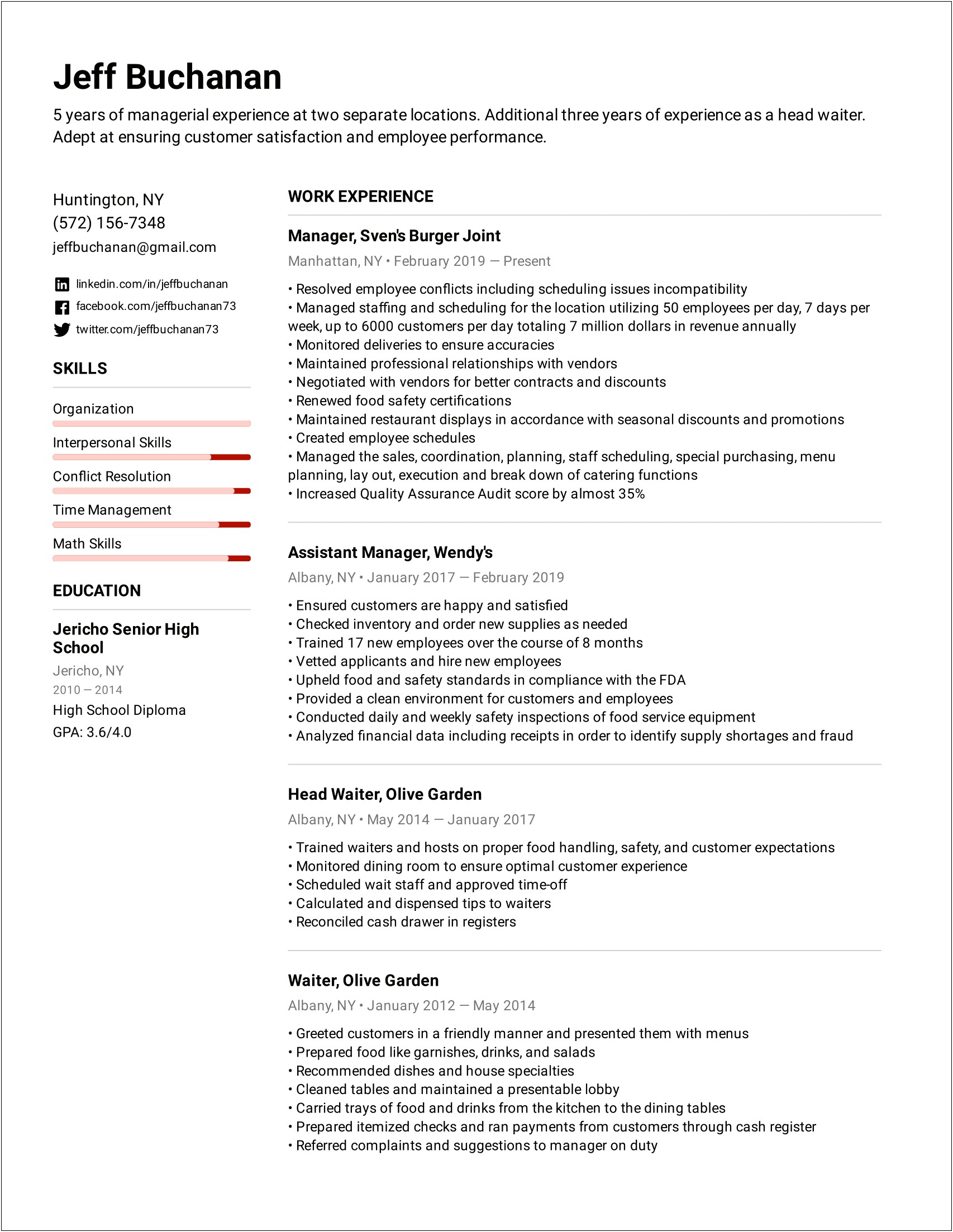 Profile Example On Resume For Restaurant
