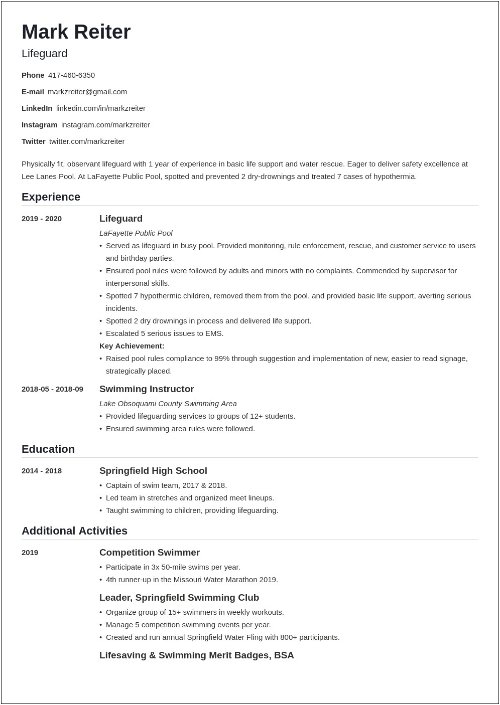 Profile For A High School Resume Lifegaurd