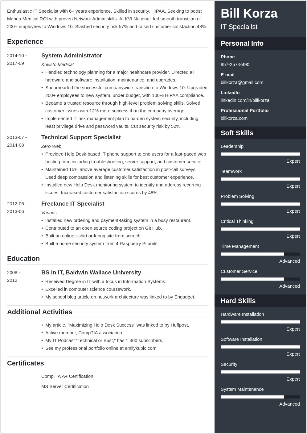 Profile Part Of A Resume Example