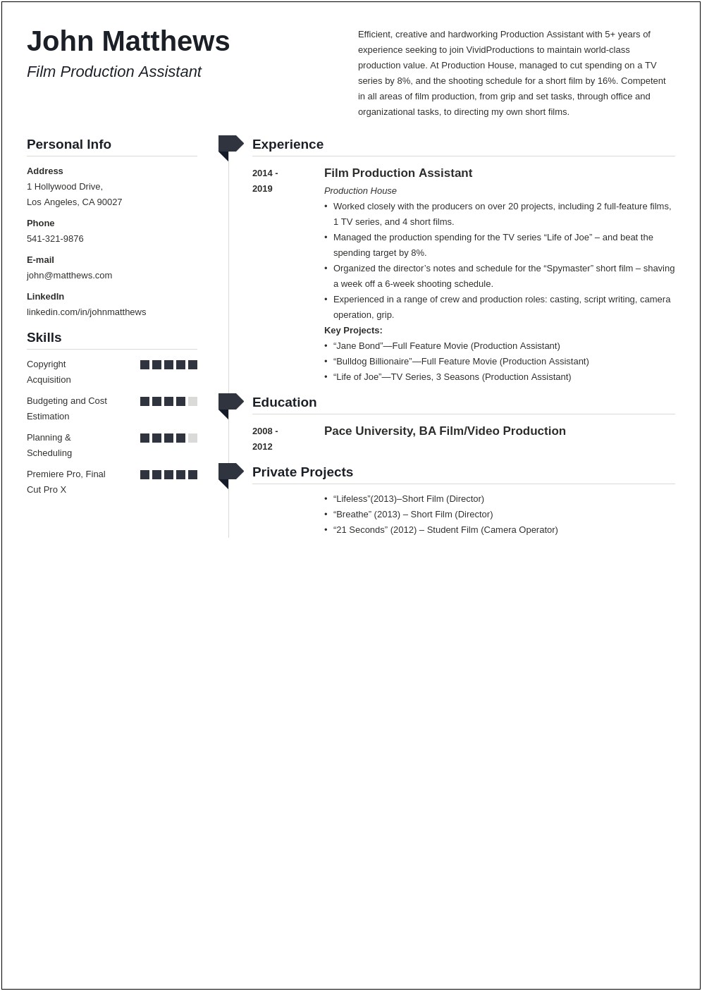 Profile Part Of A Resume Film Examples