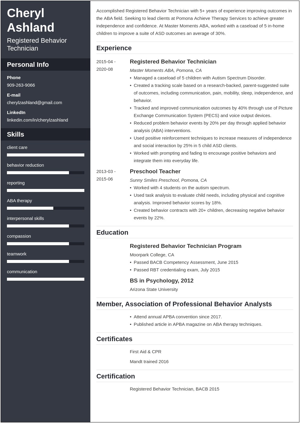 Profile Resume Sample For Rbt Tutor