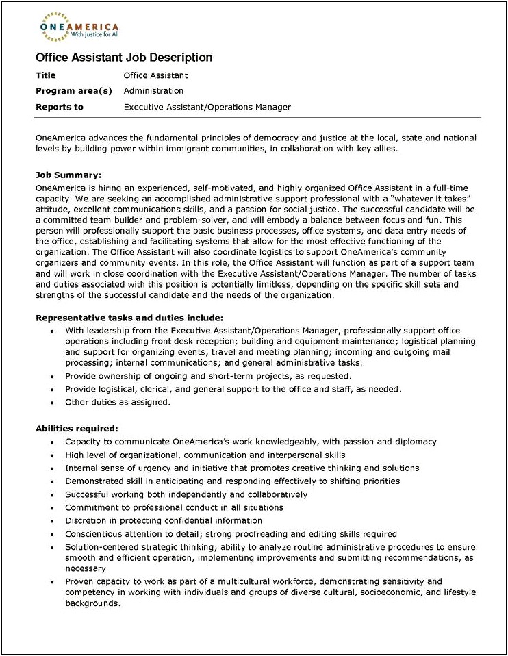 Program Assistant Job Description For Resume