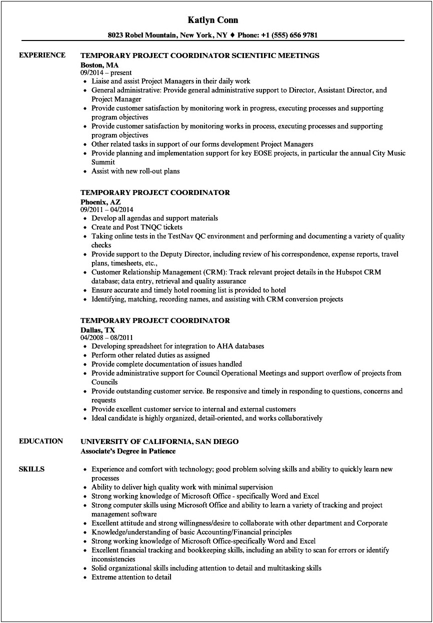 Project Coordinator Job Description Resume Sample