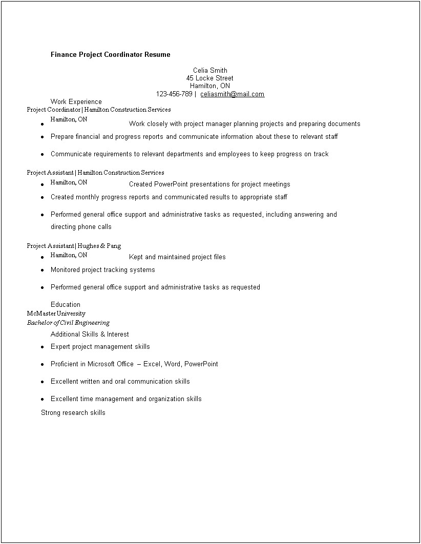 Project Coordinator Resume Samples With Ms Powerpoint