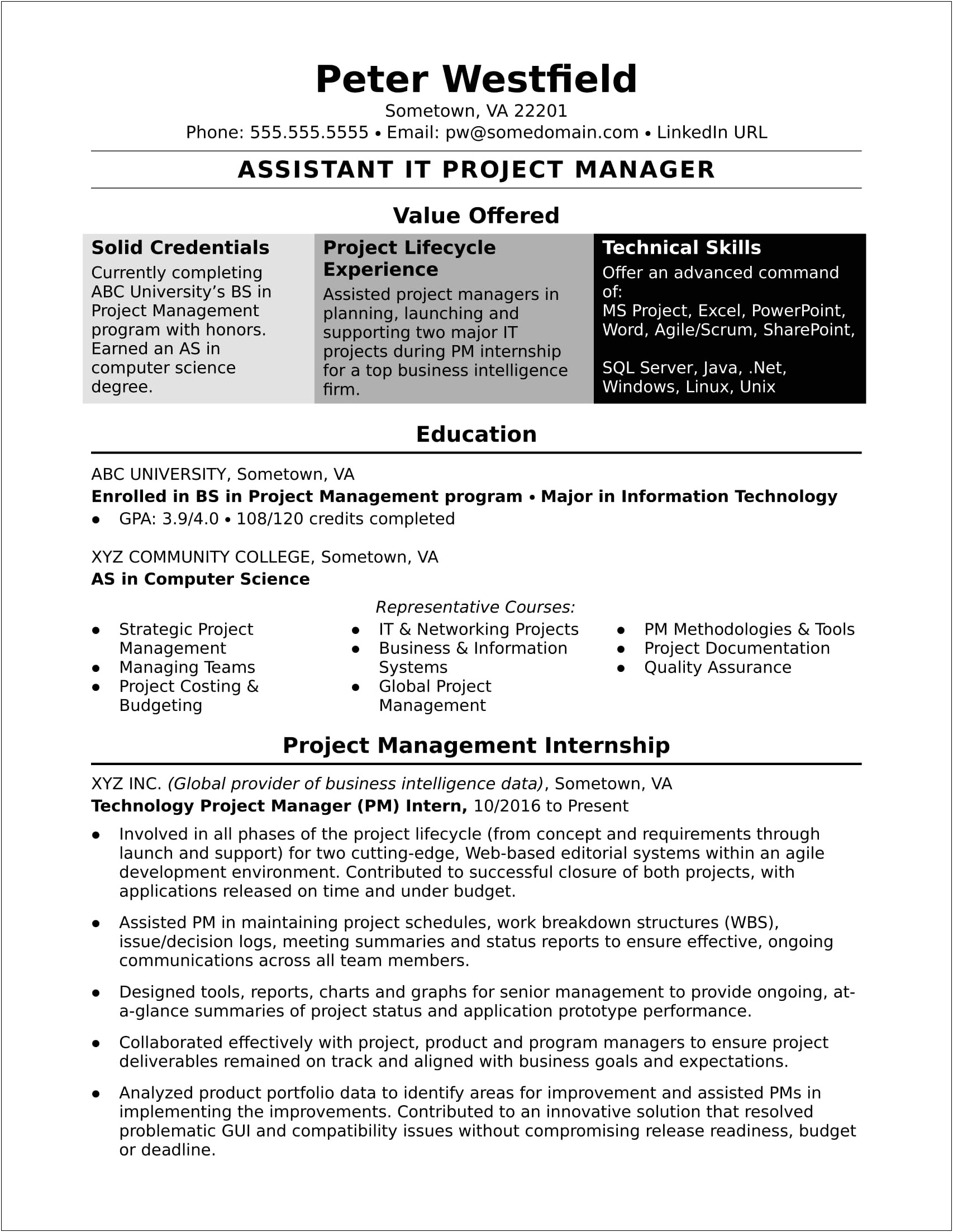 Project Management Intern Job Description Resume