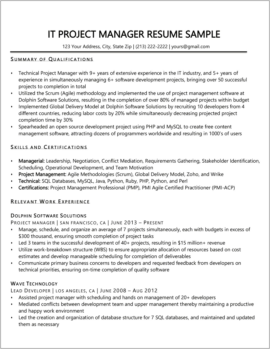 Project Management Summary Of Qualifications Resume
