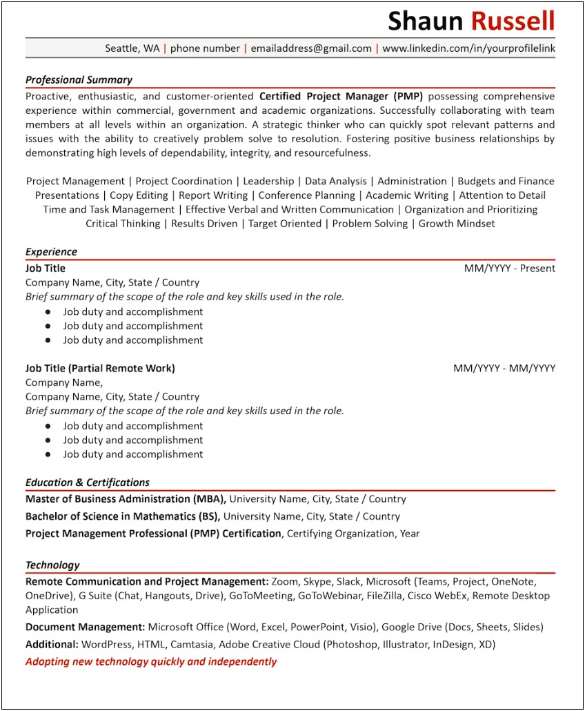 Project Manager With Military Experience Resume