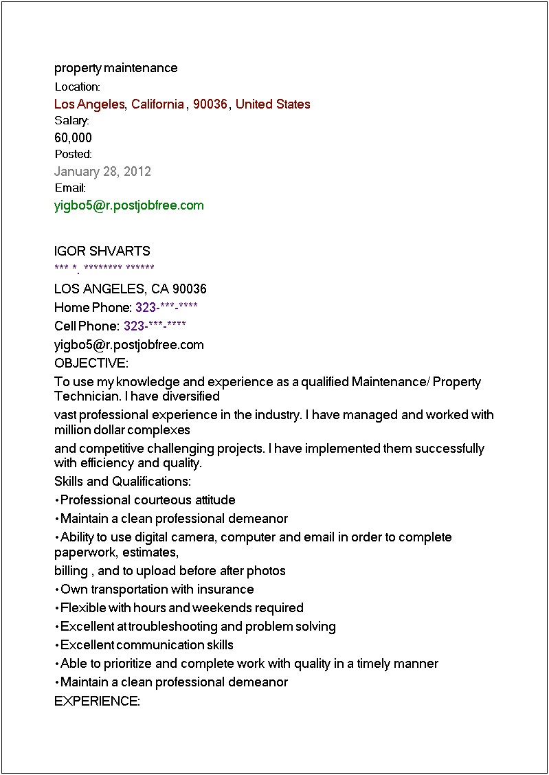 Property Maintenance Job Description For Resume