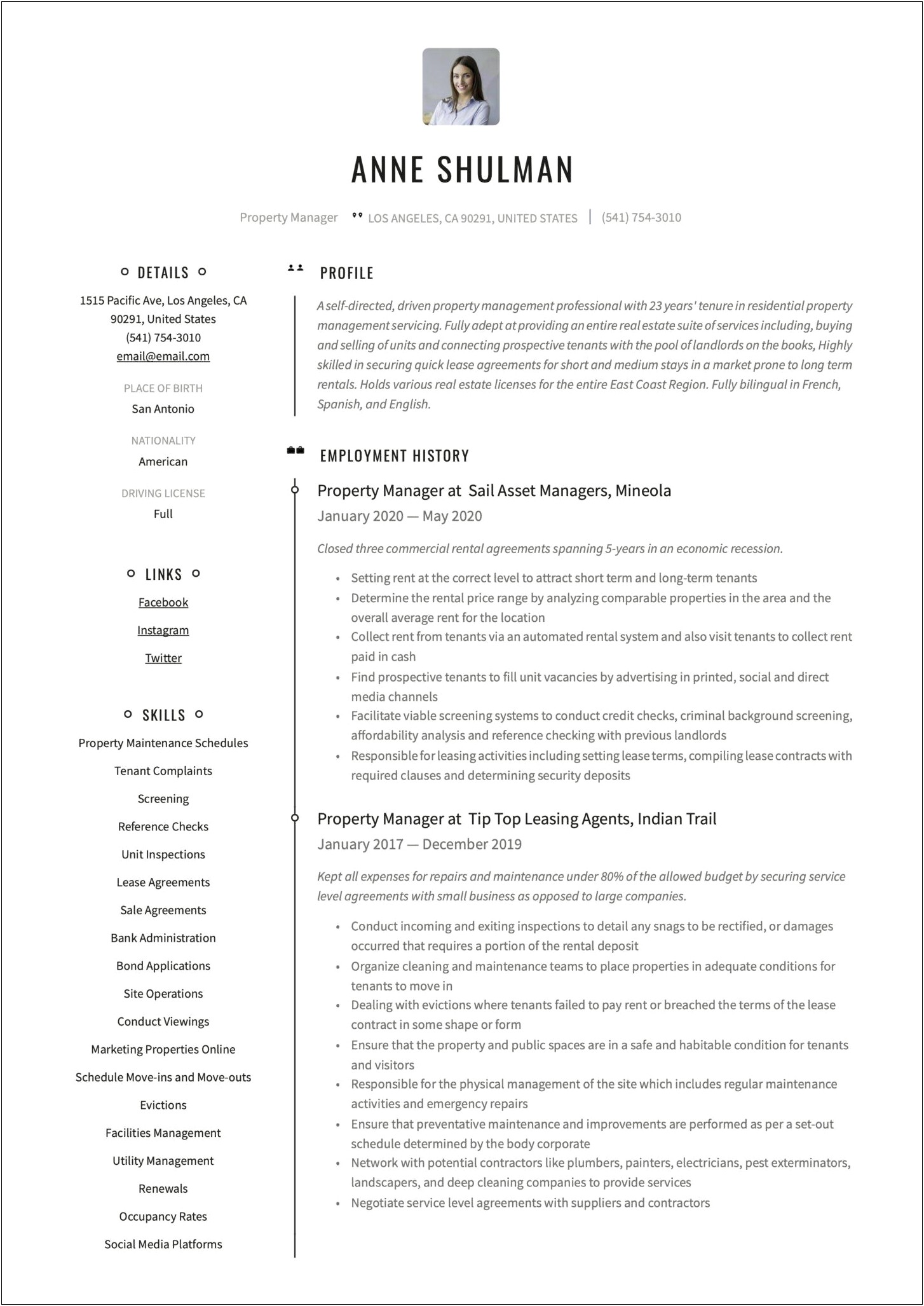 Property Management Home Owner Resume Description