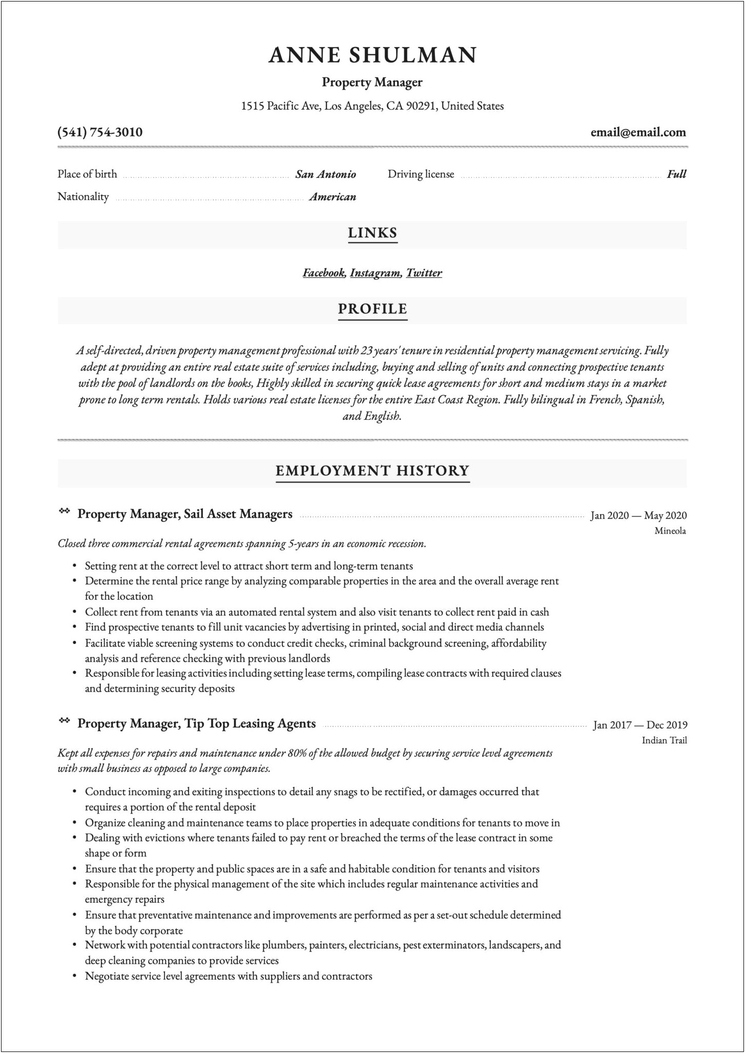 Property Manager Job Duties For Resume