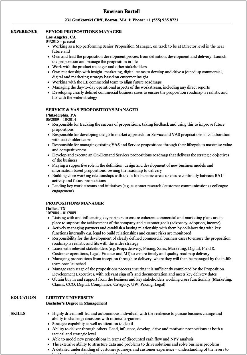 Proposition Statement For Business Manager Resume