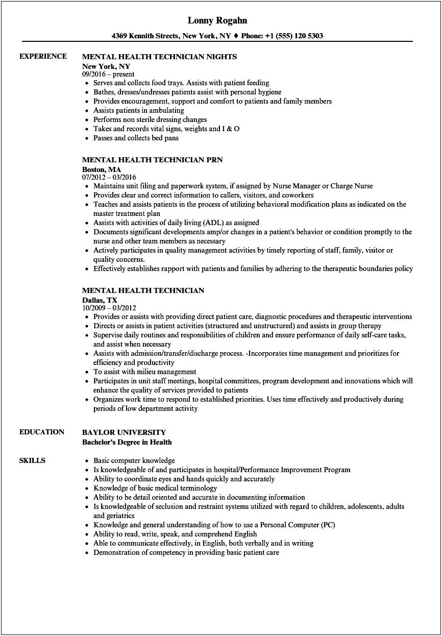 Psych Tech Job Description For Resume