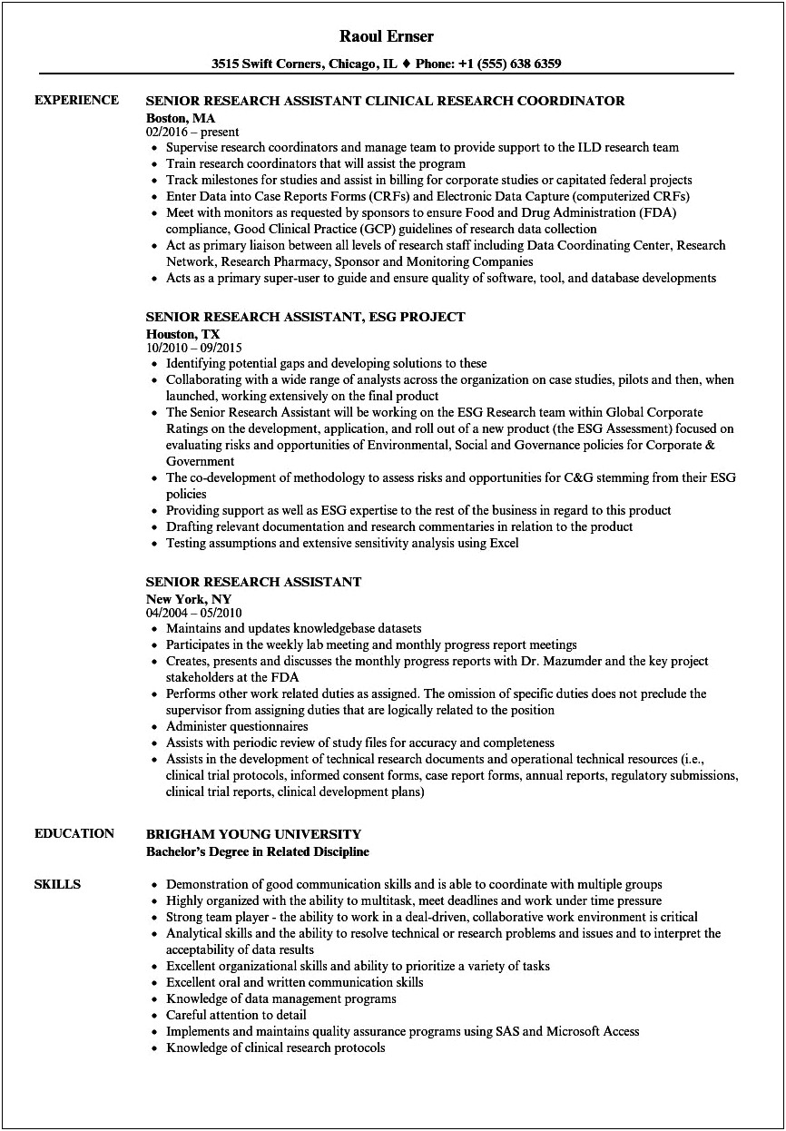 Public Health Research Assistant Resume Sample