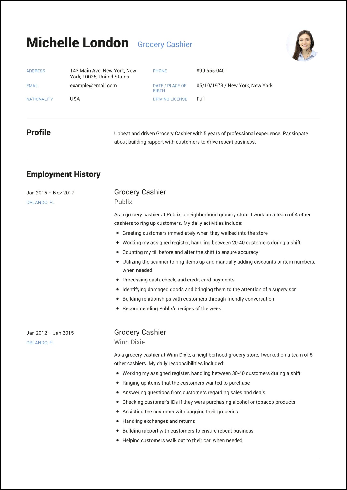 Publix Cashier Job Description For Resume