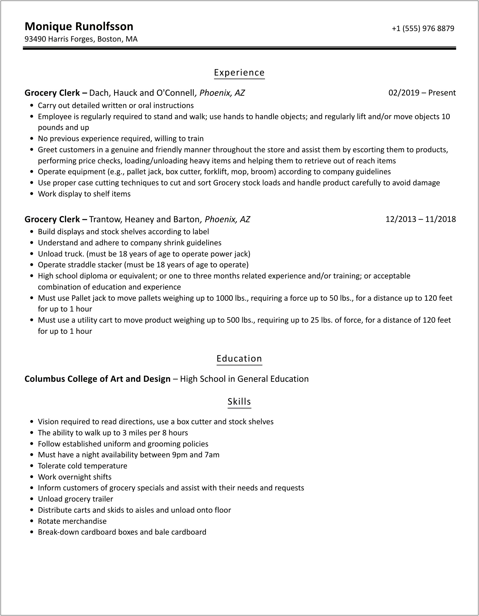 Publix Grocery Clerk Grs Resume Sample