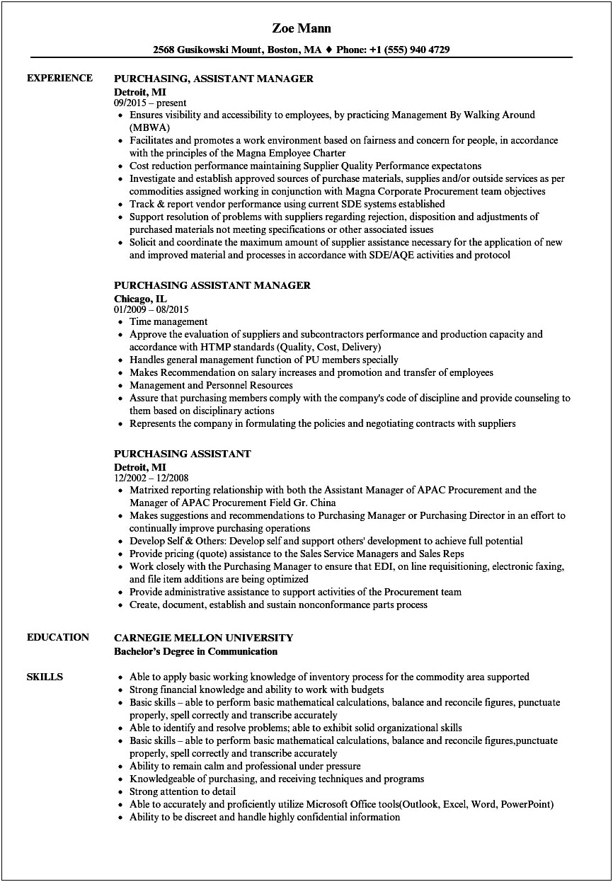 Purchase Assistant Job Description For Resume