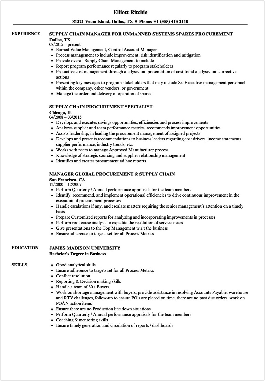 Purchasing And Logistics Manager Resume Samples