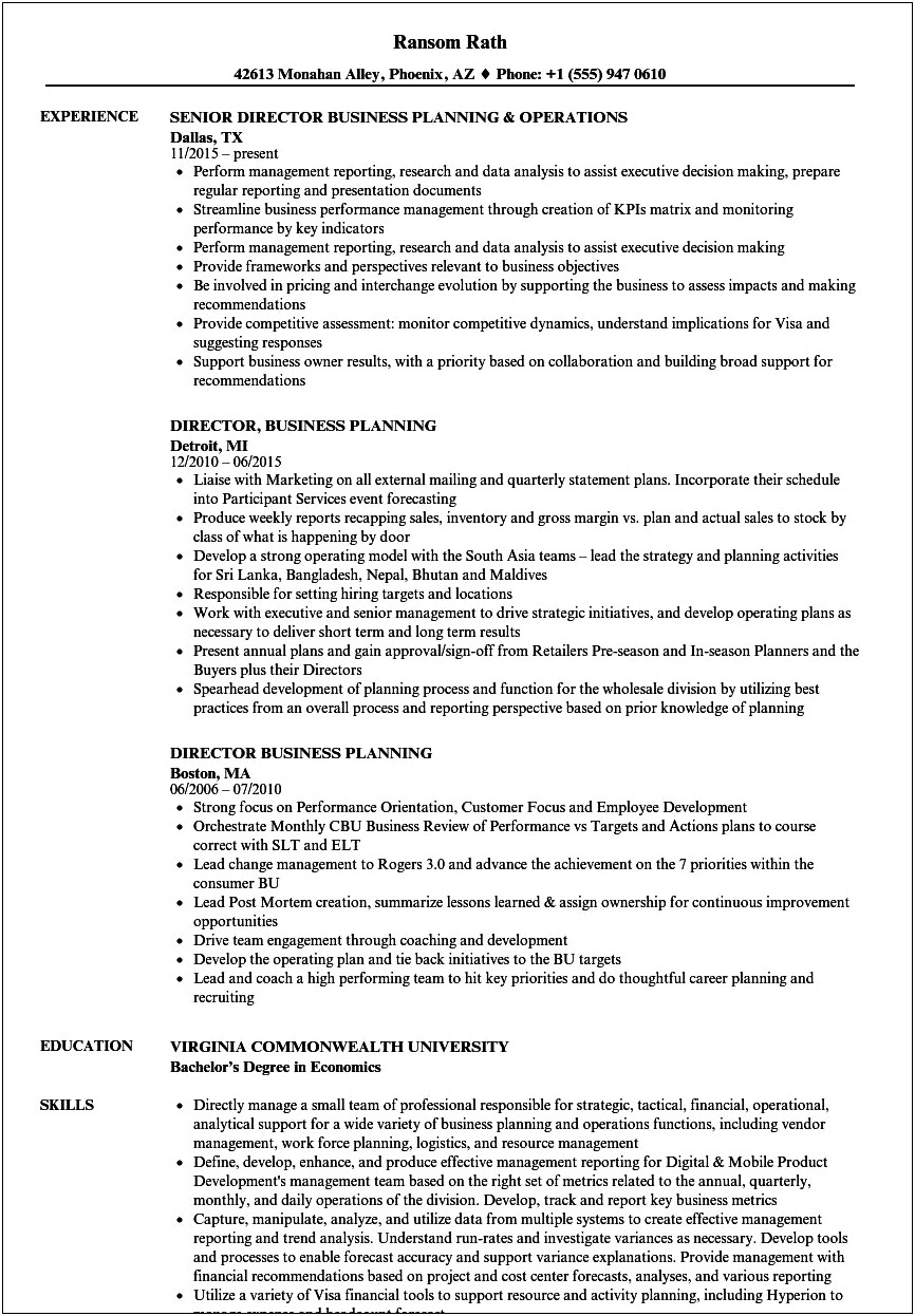 Putting A Business Plan On Resume