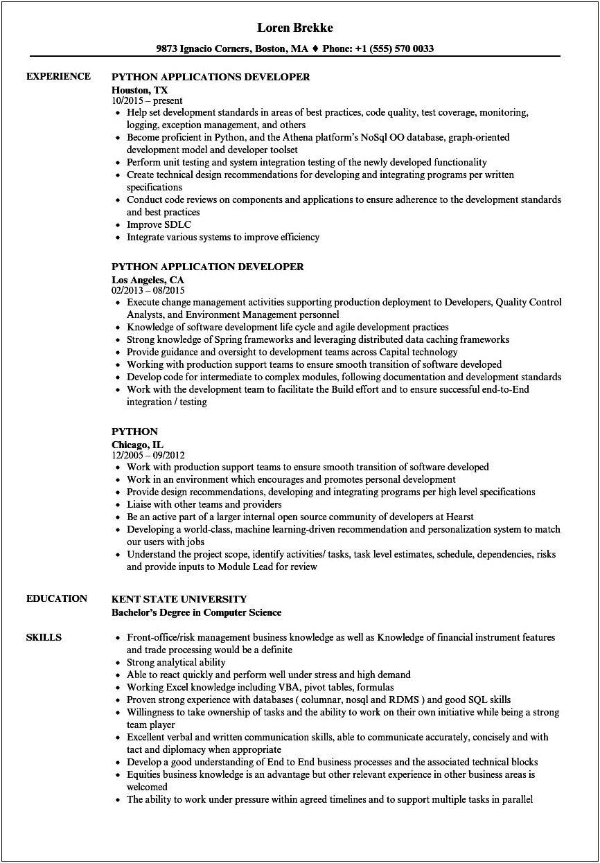 Python With Networking Expirence Sample Resume