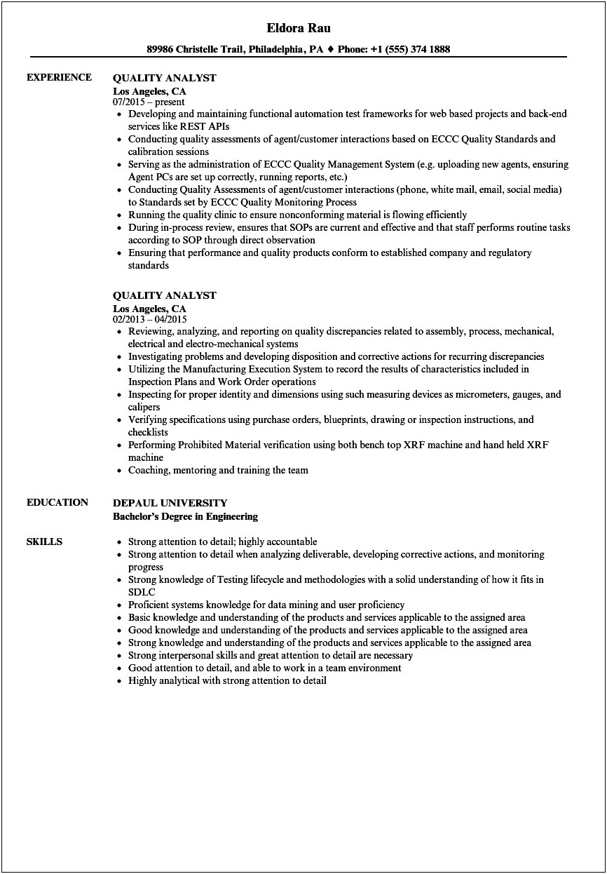 Qa Analyst Resume 2 Years Experience