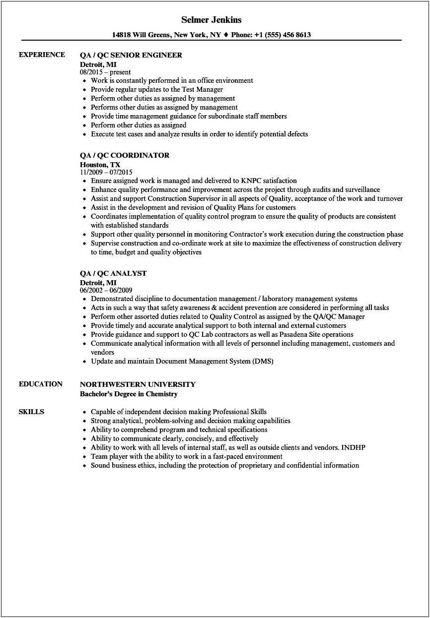 Qa Qc Manager Mechanical Resume Sample