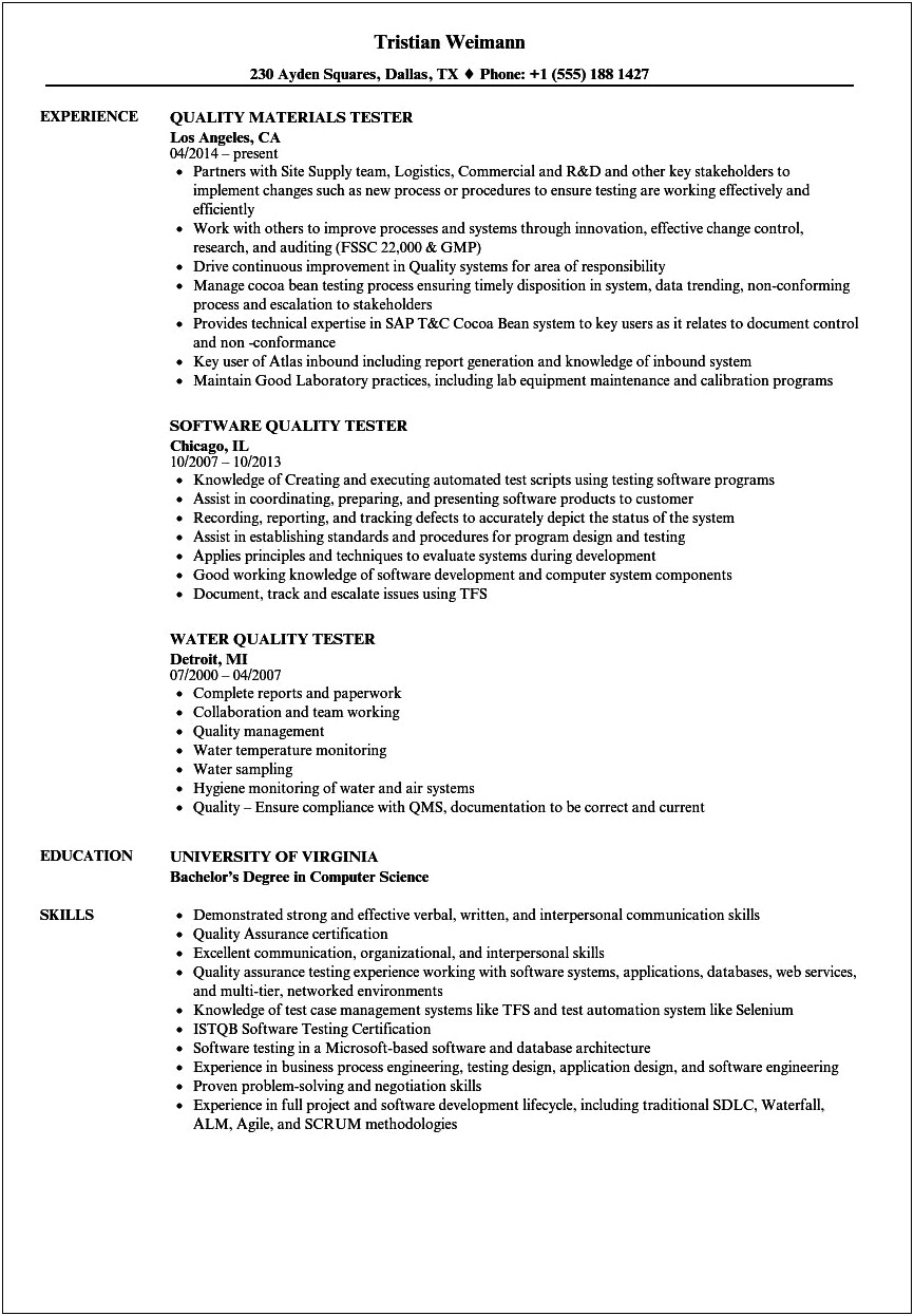 Qa Tester Resume With Banking Experience