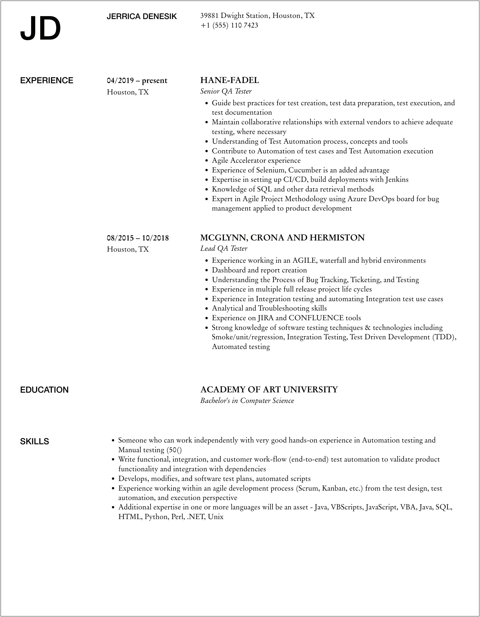 Qa Tester Resume With Insurance Experience