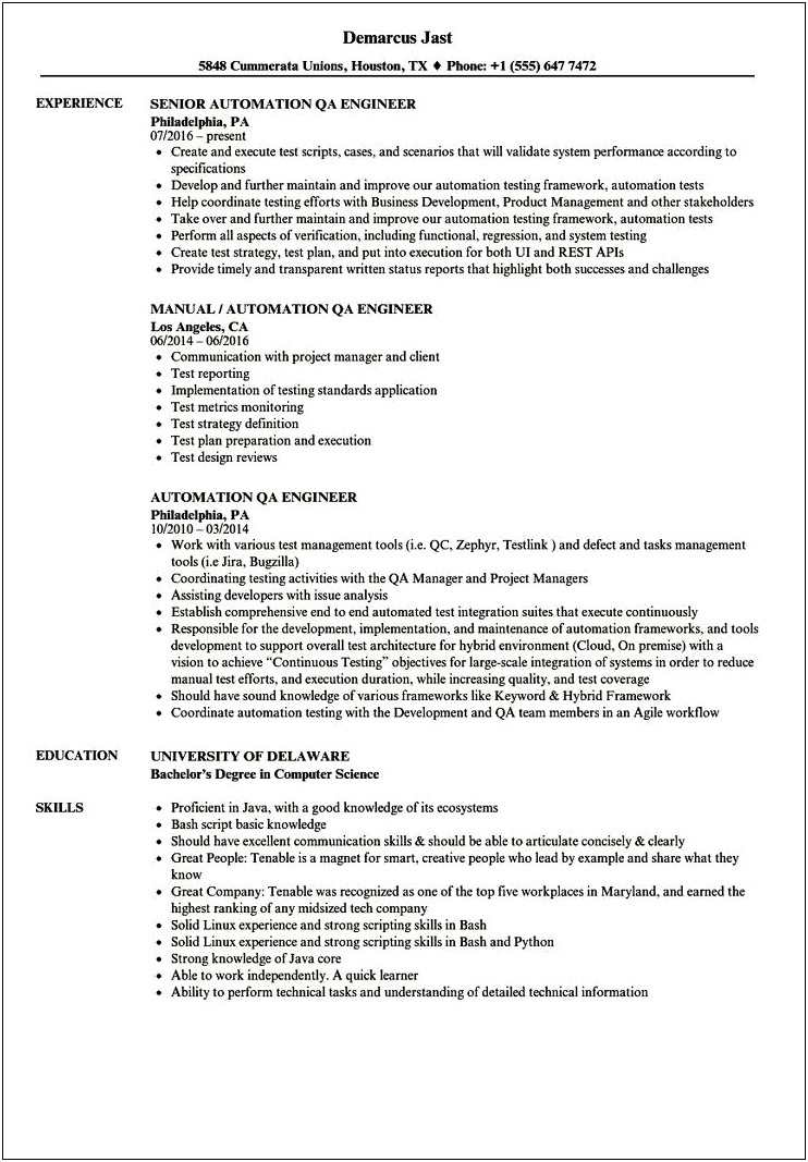 Qa Tester Resume With Test Manager