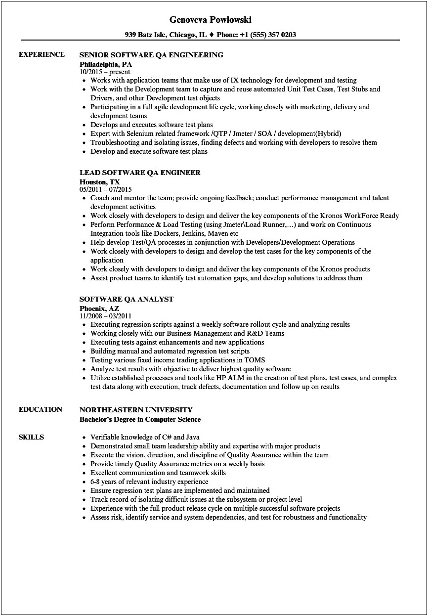 Qa Tester With Health Care Experience Resume