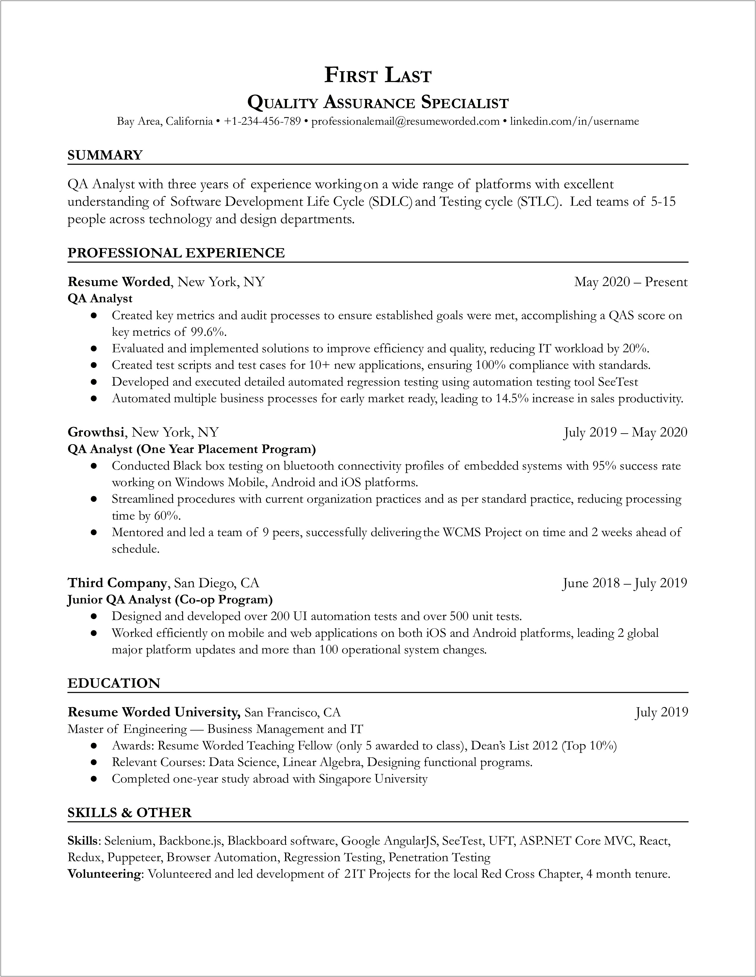 Qa Testing Mid Level Sample Resumes