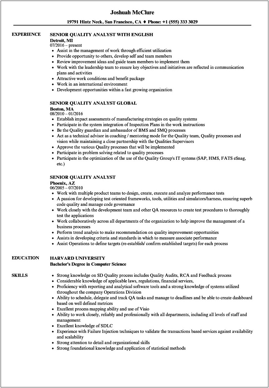 Quality Analyst Resume For 2 Years Experience