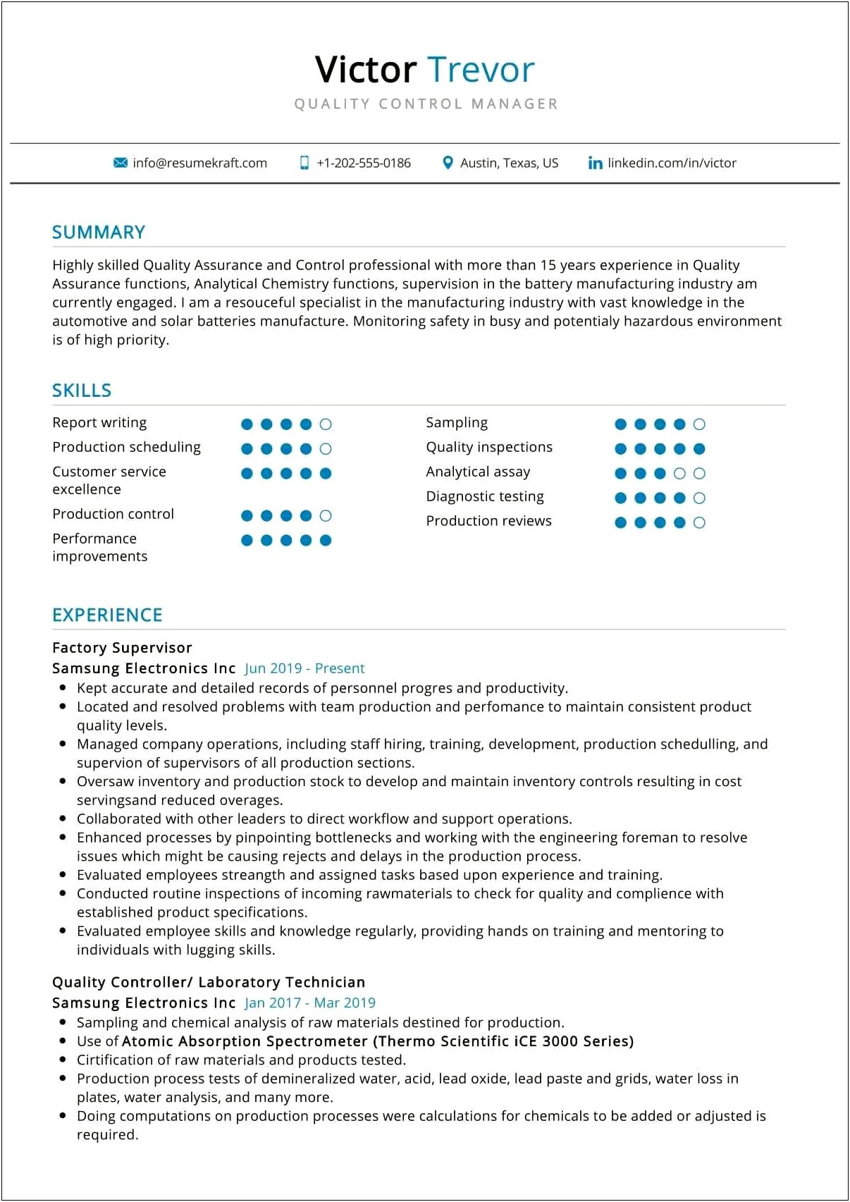 Quality Assurance Lab Technician Sample Resume