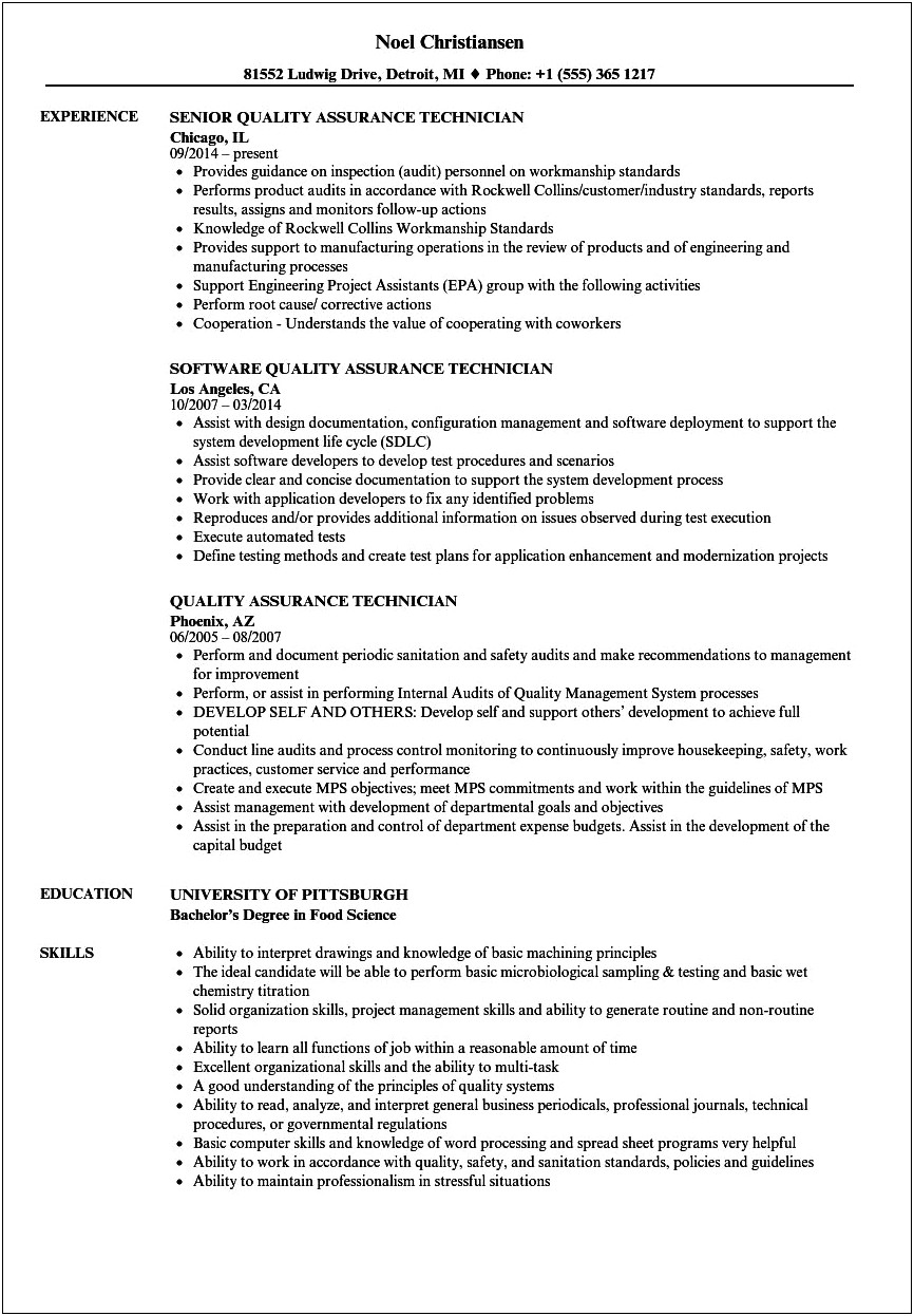 Quality Assurance Technician Job Description For Resume