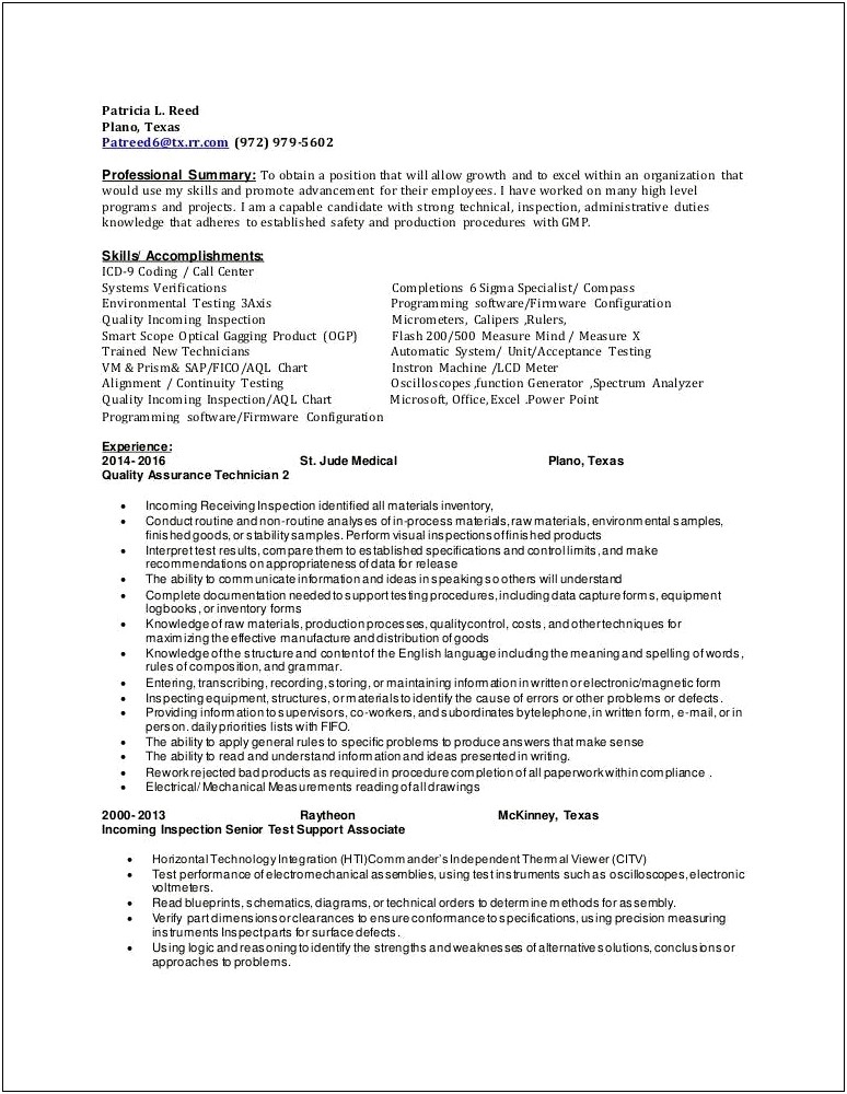 Quality Assurance Technician Skills For Resume