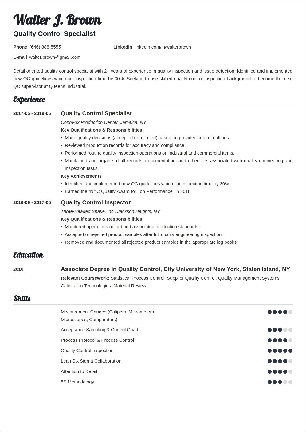 Quality Control Intern Job Description Resume