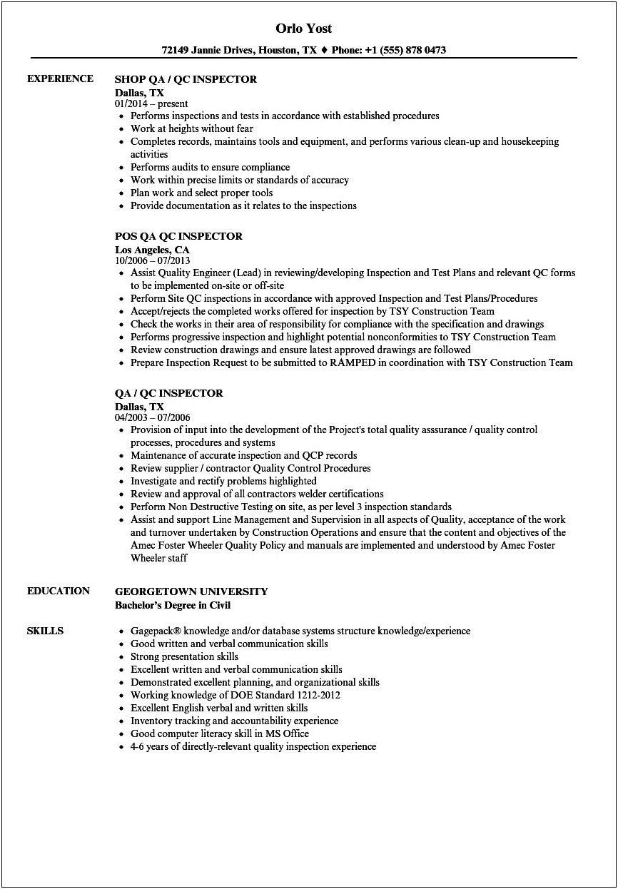 Quality Control Resume In Word Format