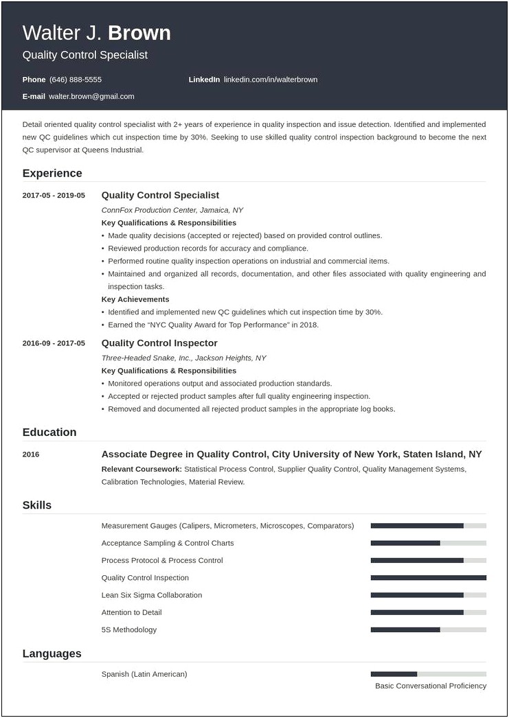 Quality Control Supervisor Job Description Resume