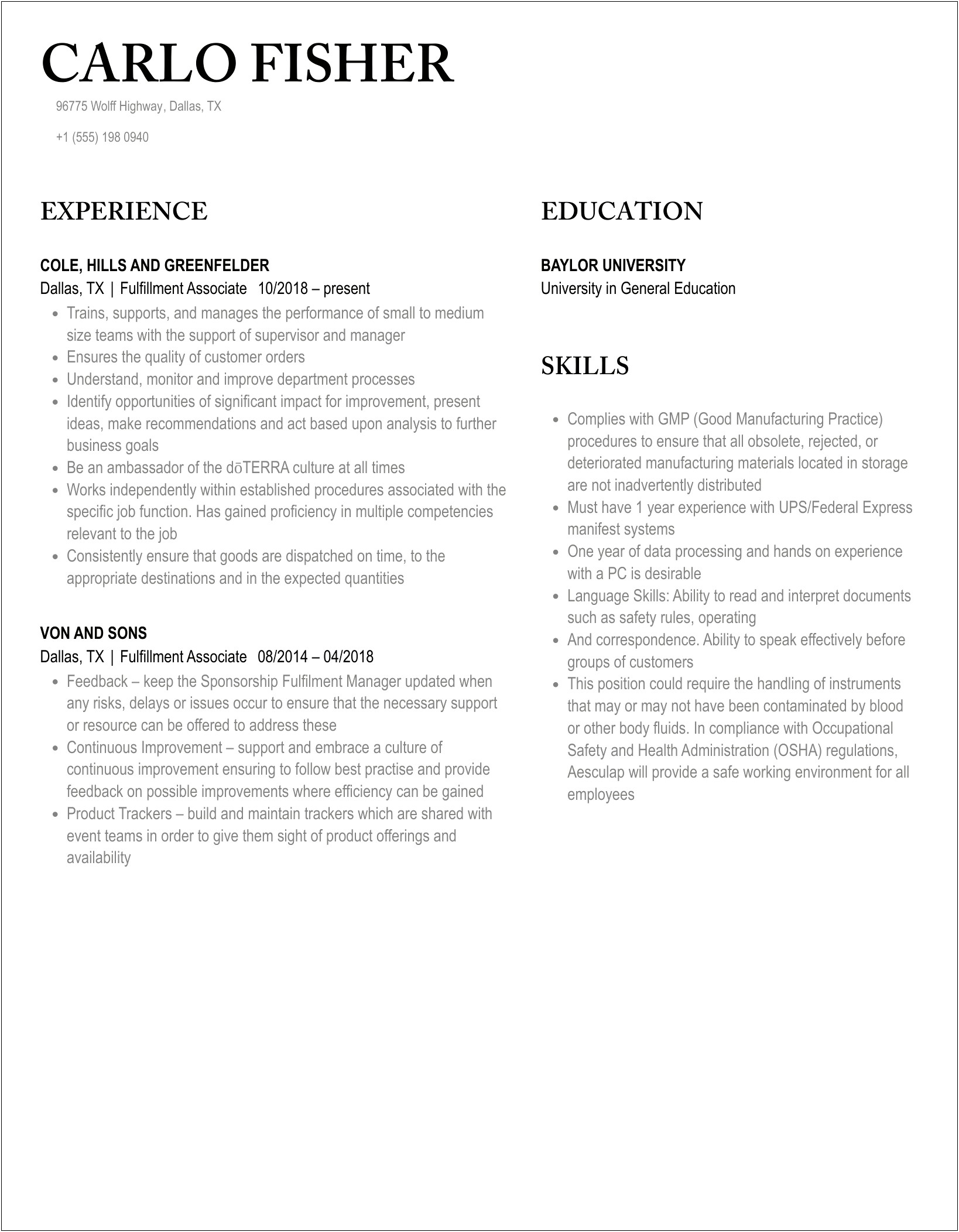 Quality Resume Example For Lead Fulfillment Associate