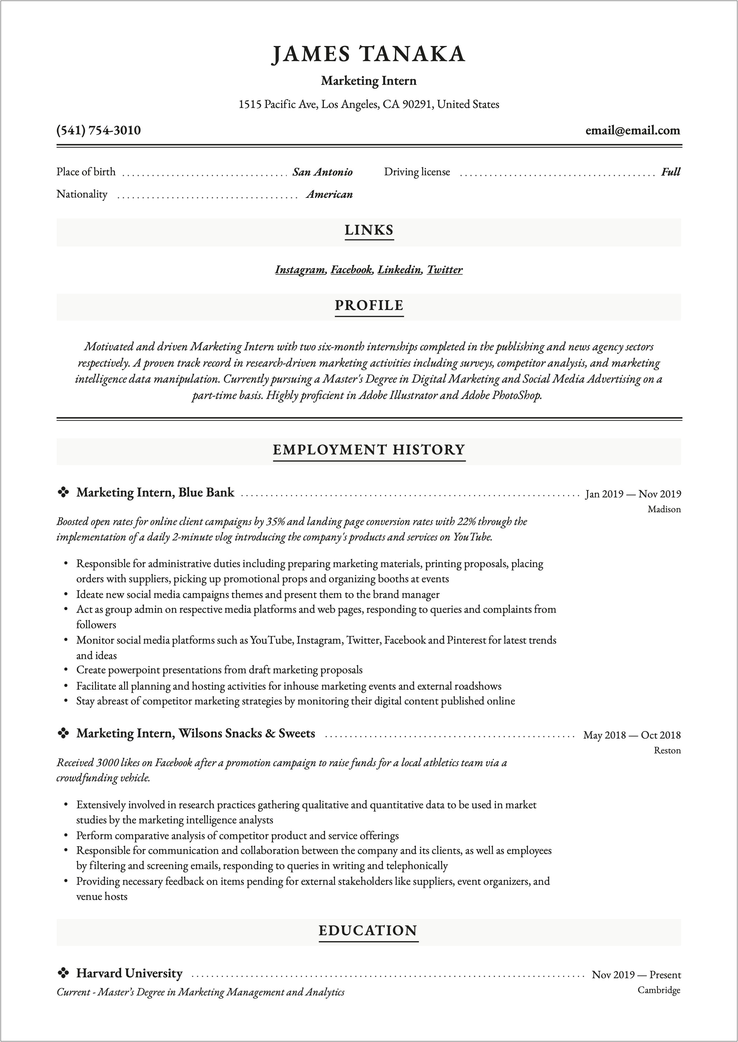 Radio Communications Coordinator Intern Resume Example