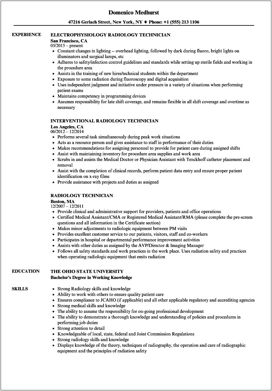 Radiologic Technologist Resume Cover Letter Examples