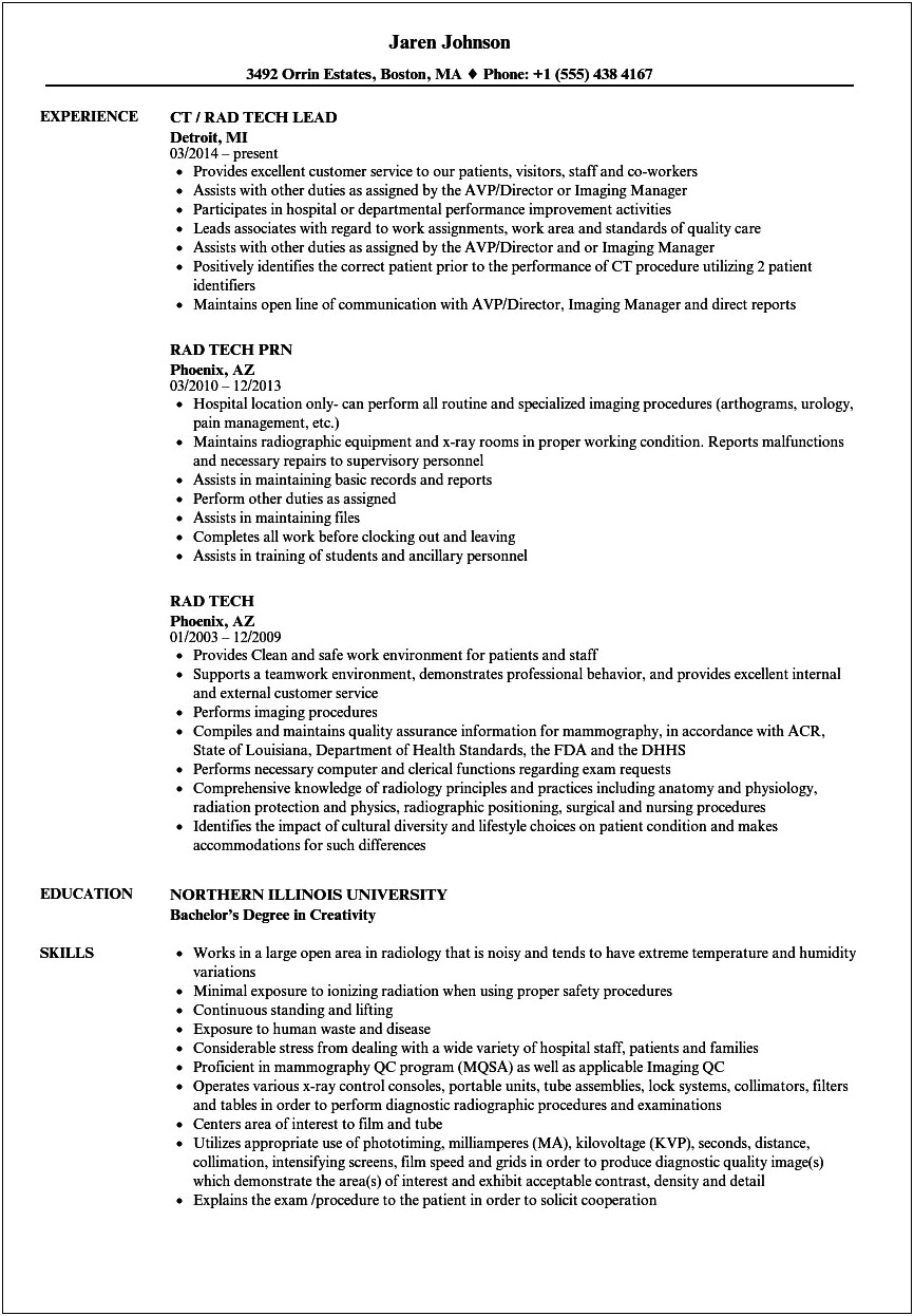 Radiology Technologist Job Description For Resume