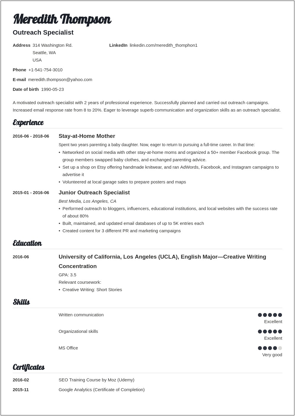 Re Entering The Workforce Resume Examples