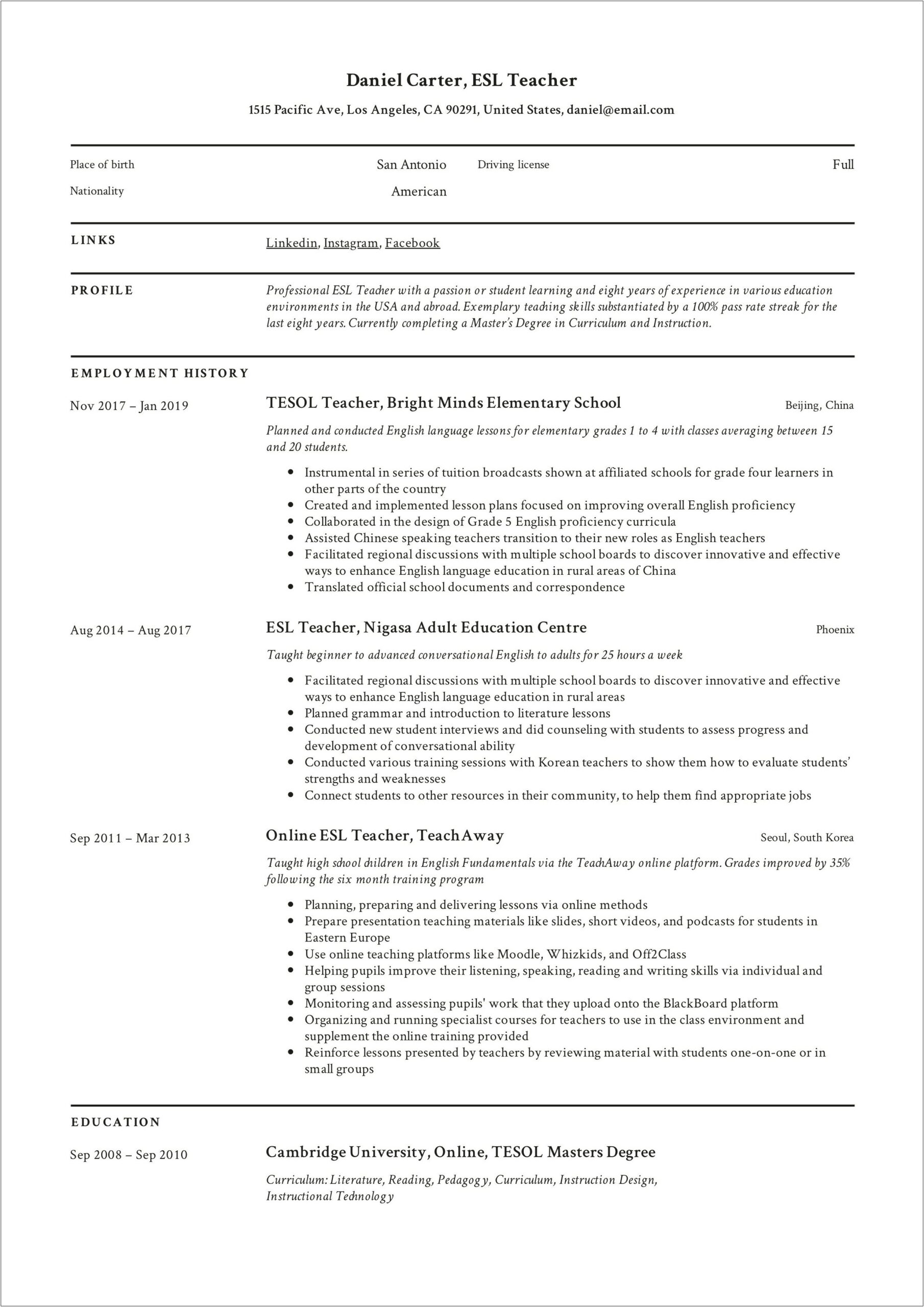 Reading Teacher Job Description For Resume