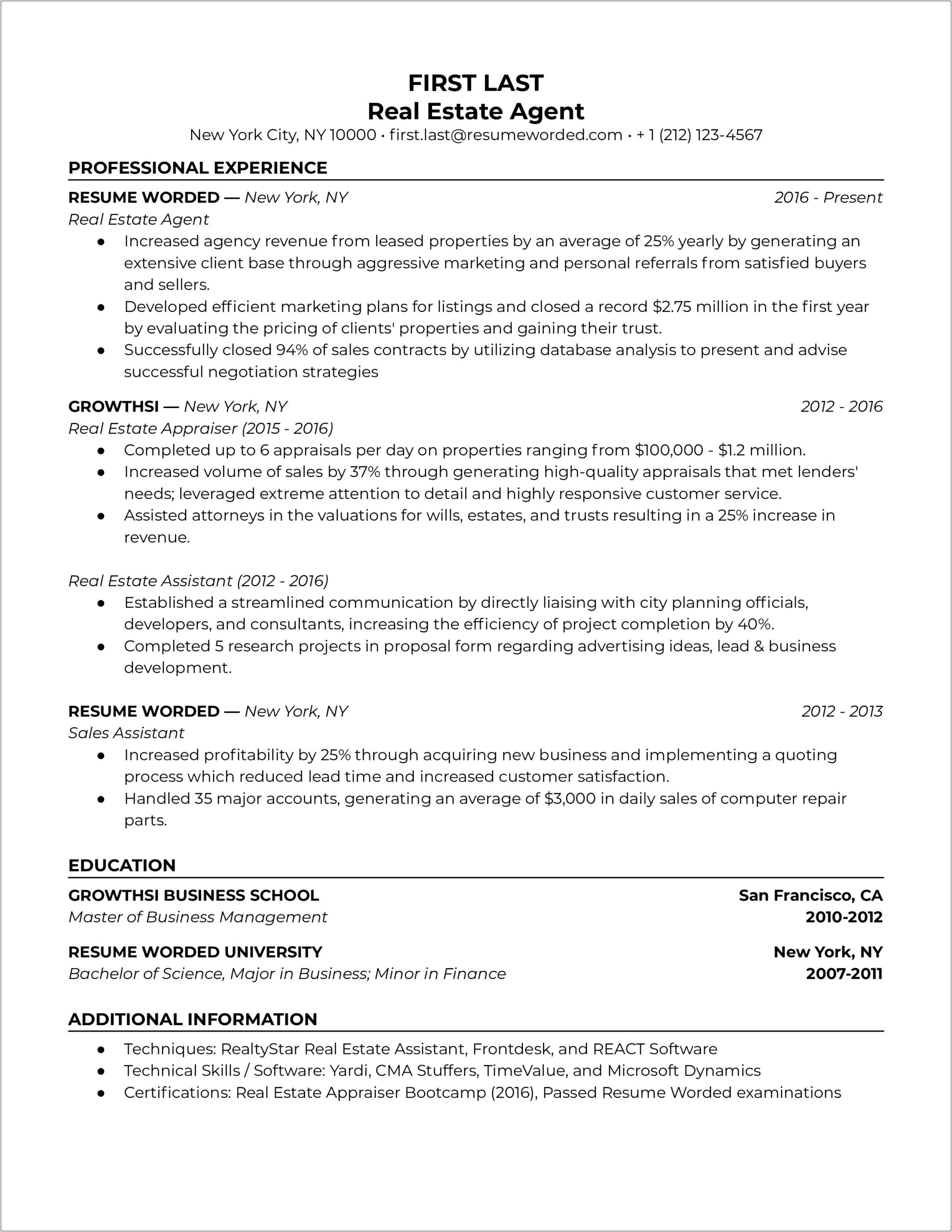 Real Estate Agent Technical Resume Skills