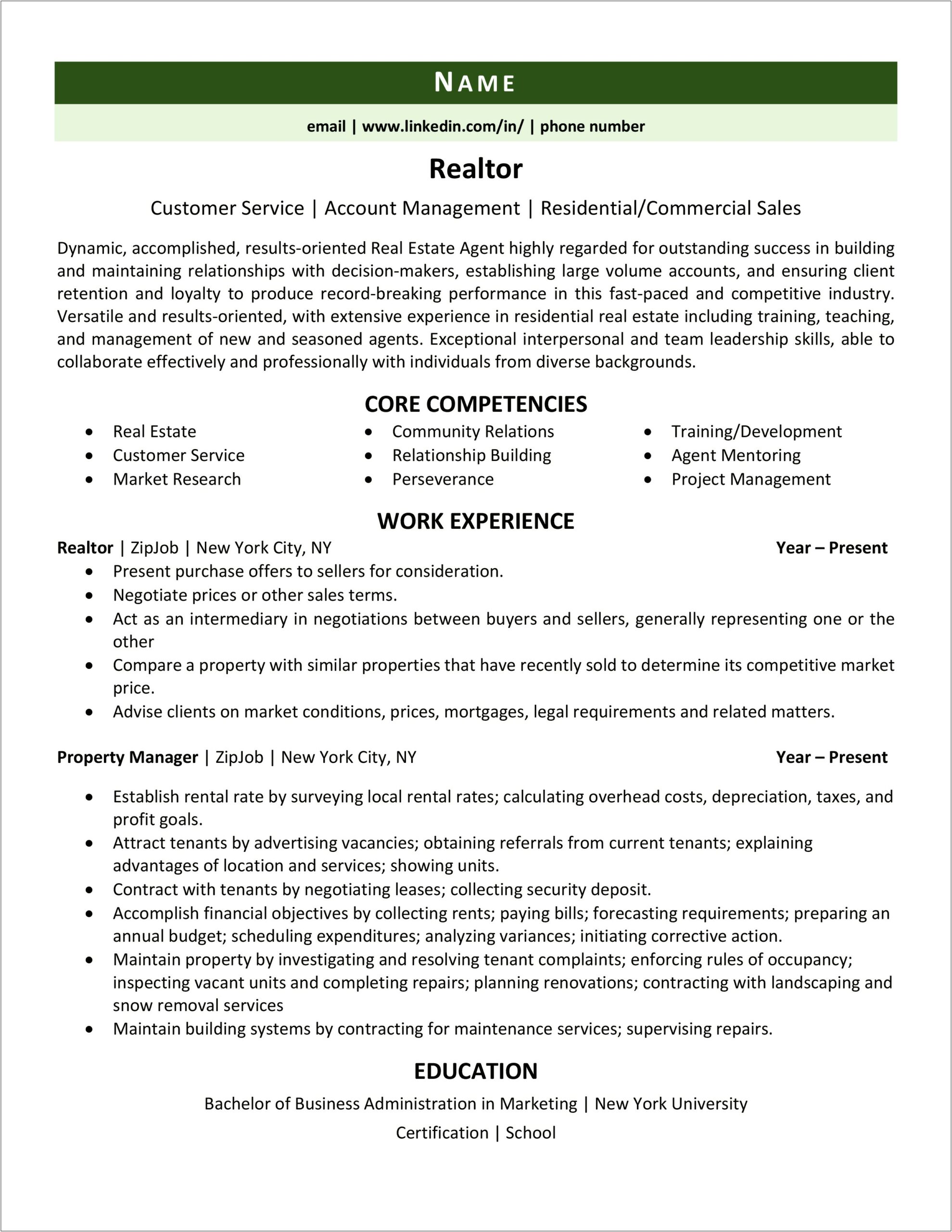 Real Estate Asset Management Experience Resume