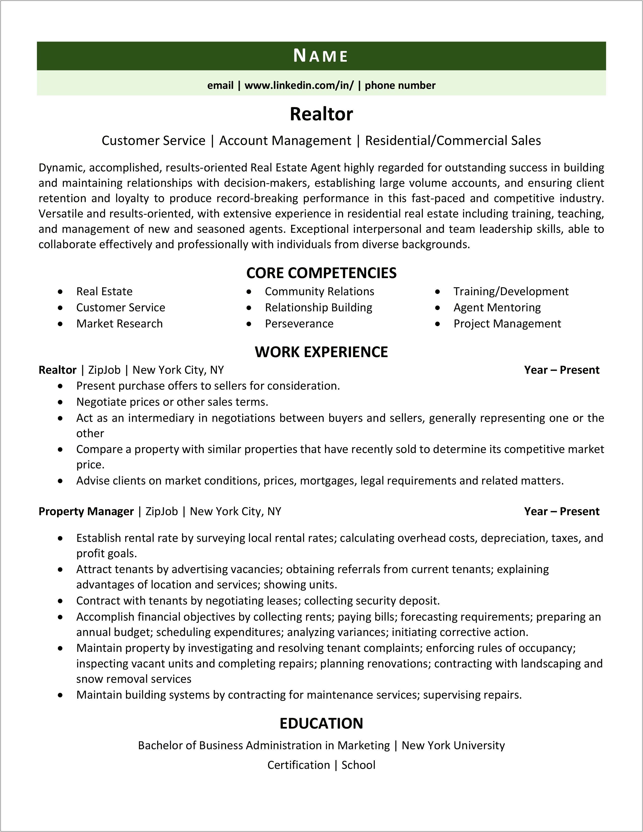 Real Estate Asset Management Experience Resume