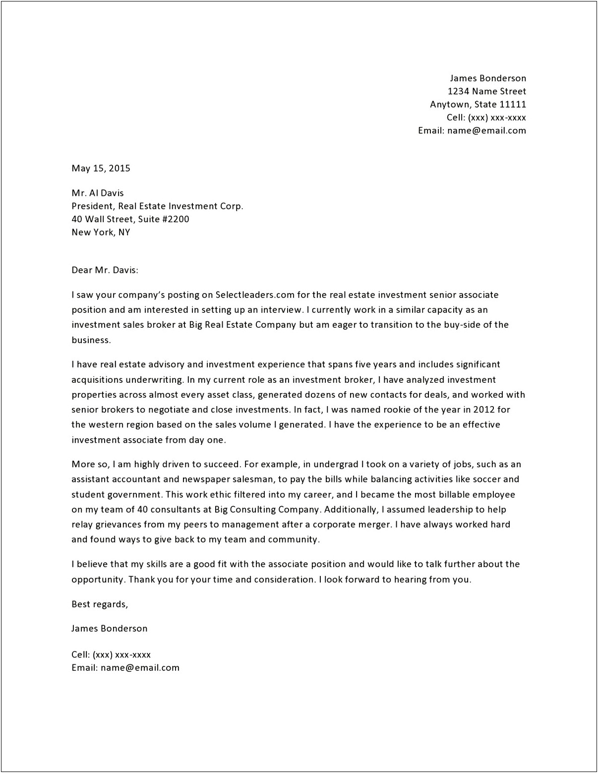 Real Estate Cover Letter For Resume